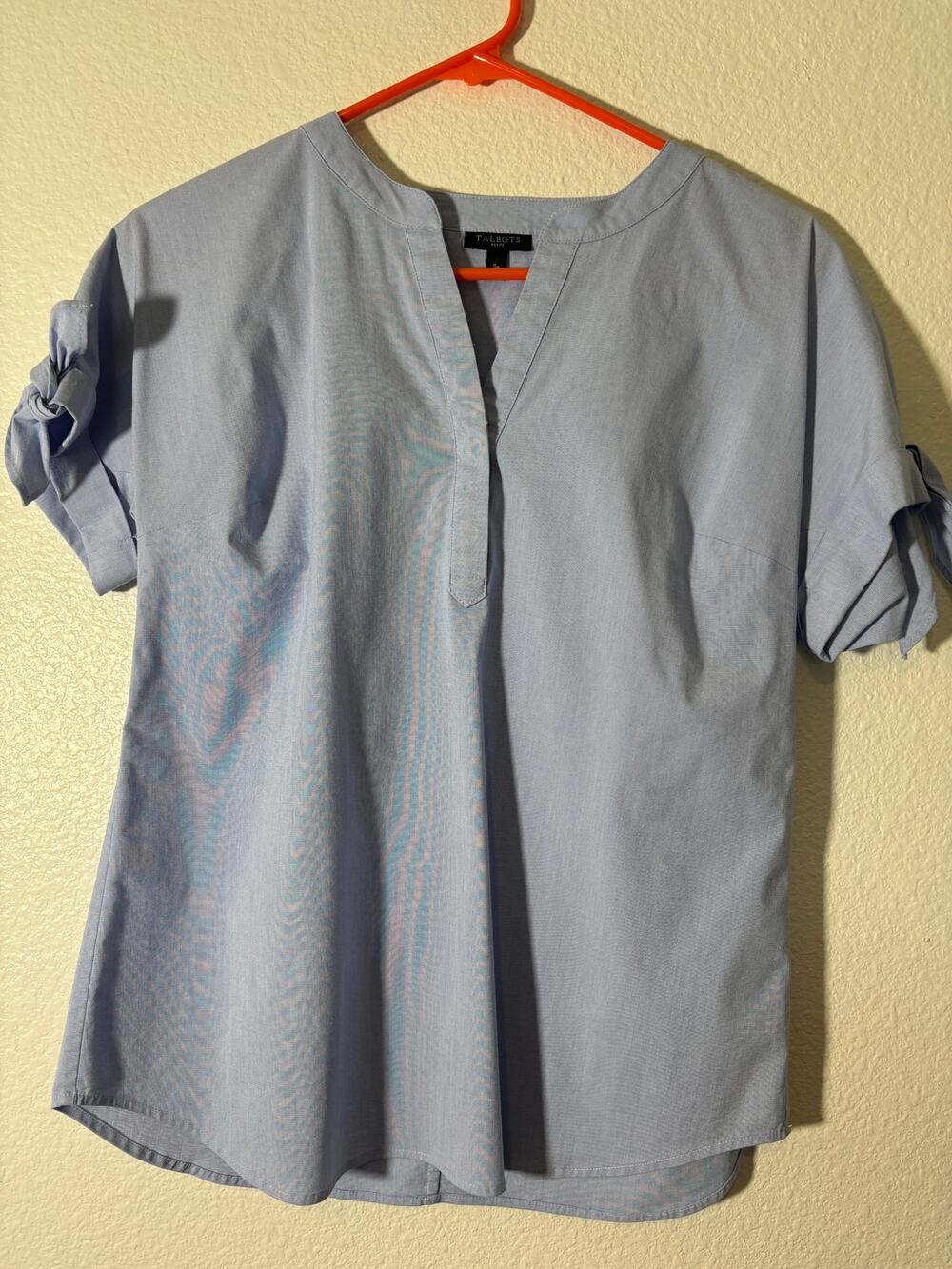 Talbots Women's Size Sp Petite S Blue Chambray Tie Knot Sleeve Split Neck Top